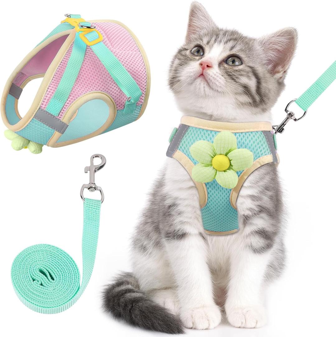 Cat Harness and Leash Set for Walking Escape Proof, Adjustable Kitten Harness Breathable Mesh with Reflective Strips Harness with Flower for Kitty Puppy Bunny Green XS (Extra Small)