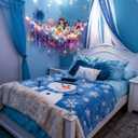 Winter Snowflake Stuffed Animals Hammock Net with LED Light Nursery Winter Room Decor Snowflake Plushie Ceiling Net Toy Storage Organizer Blue Purple Wall Hanging for Bedroom Nursery Playroom