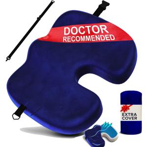 Gel Seat Cushion – Navy Blue Flannel Pillow with Velvet Removable Cover – Ergonomic Sponge Support for Office with Adjustable Strap