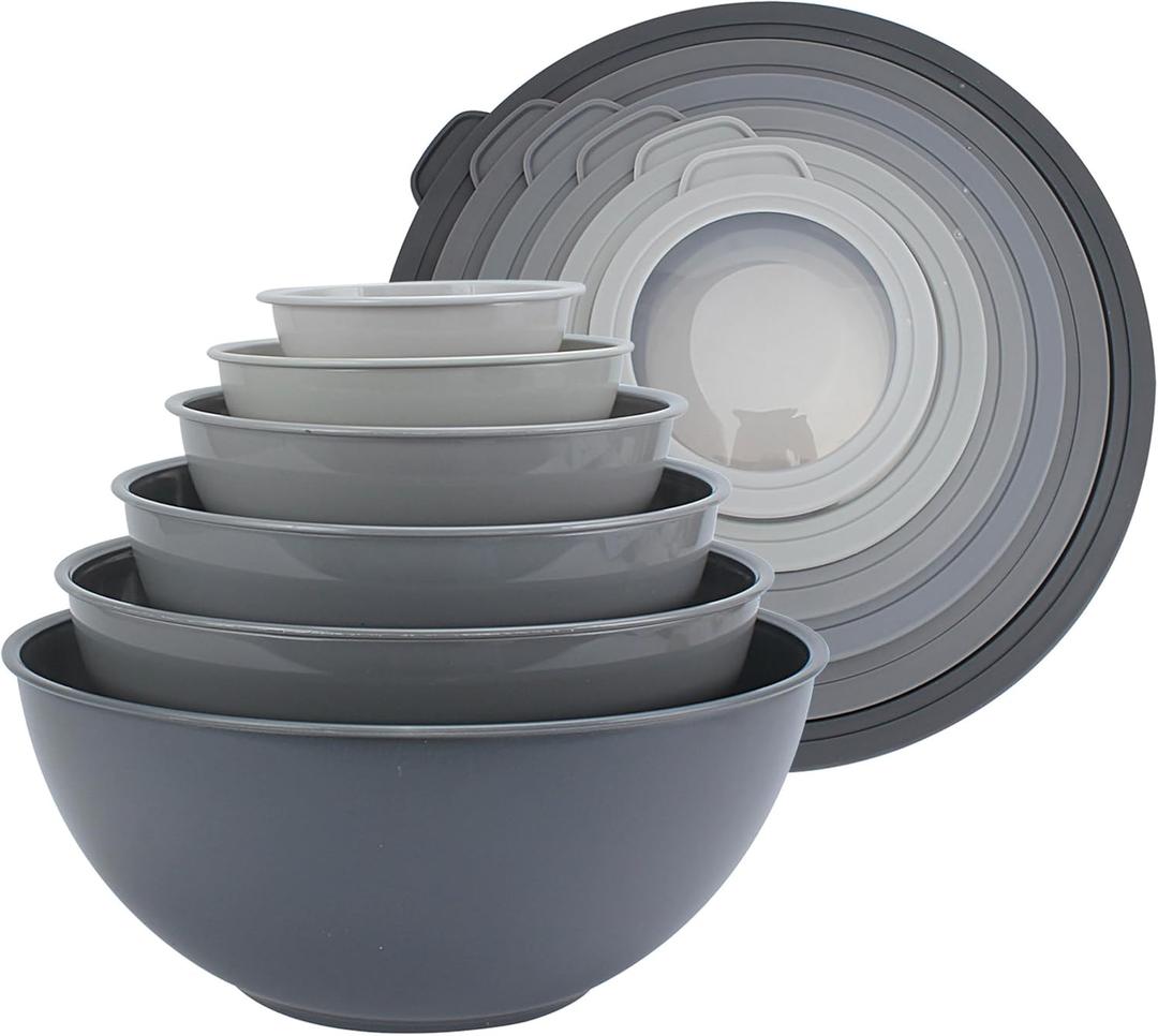 COOK WITH COLOR Mixing Bowls Set with TPR Lids - 12 Piece Plastic Nesting Bowls Set includes 6 Prep Bowls and 6 Lids, Microwave Safe (Grey) (Grey TPR Lids)
