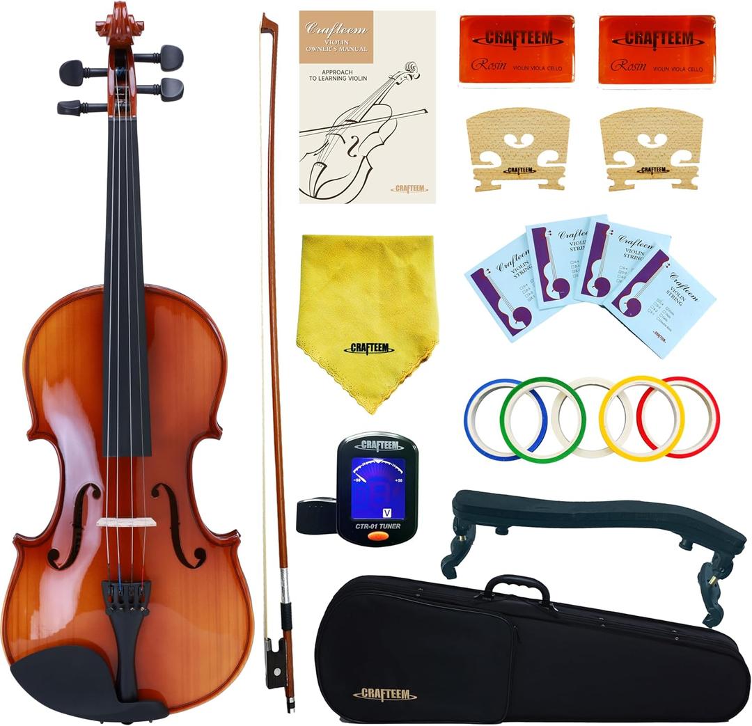 Crafteem Spruce and Maple Solid Wood Violin Outfit for Beginner Kids & Adults -Craft Your Perfect Sound and Begin Your Musical Journey with Confidence. (Glossy Antique, 1/2)