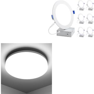 LeproLE Bundle - 8.7 inch Flush Mount LED Ceiling Light for Bathroom 5000K 1500LM + 6 Pack 6 Inch LED Recessed Ceiling Light with Junction Box, 5000K Daylight 1050LM