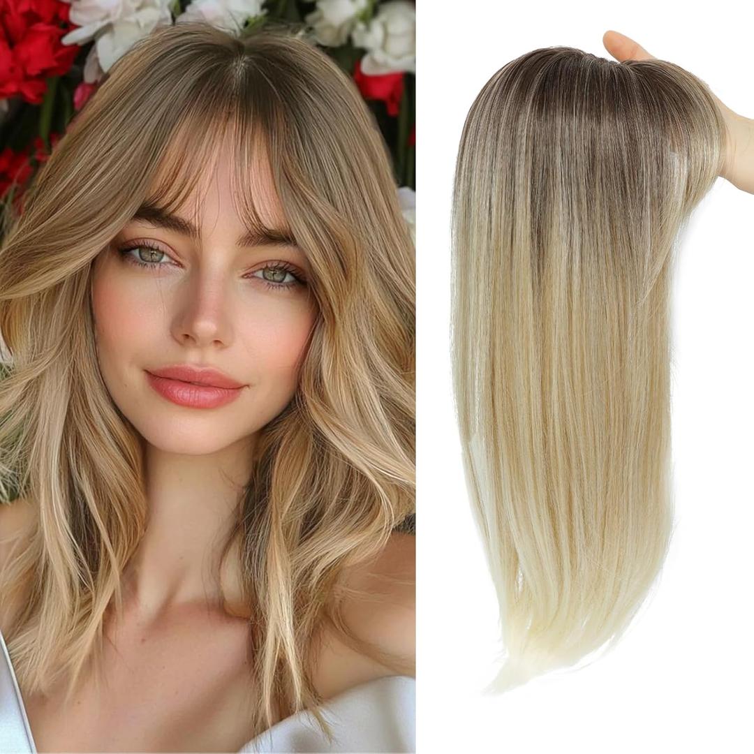 JQM Hair Toppers for Women, 18 Inch Long Hair Pieces for Women with Thinning Hair, 360 3D Clip in Blunt Wispy Bangs (Ombre Dark Root to Blonde)