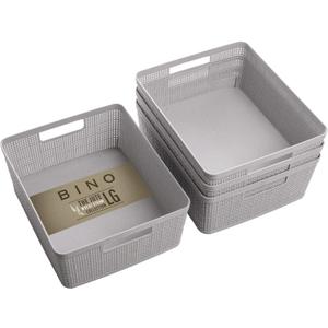BINO | Woven Plastic Basket | Small (Natural Grey), 4-Pack | THE JUTE COLLECTION | Home Organization, Space - Saving Storage, Stylish Design | Jute Basket | Plastic Storage Basket