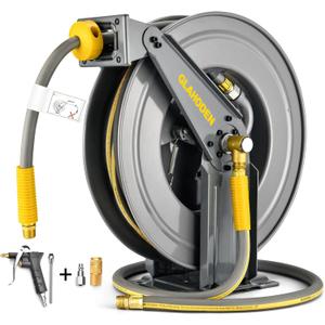 GLAHODEN Double Arm Air Hose Reel 50 ft Retractable, 1/2 in Hybrid Hose Heavy Duty Steel Professional Air Compressor Hose Reel with 5 ft Lead in Max 300PSI Auto Rewind Quick Coupler Swivel Fitting