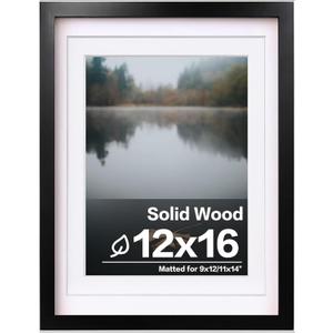 Egofine 12x16 Picture Frame Black Covered by Plexiglass Made of Solid Wood, Display Pictures 9x12 and 11x14 with Mat or 12x16 Without Mat for Wall Mounting Photo Frame