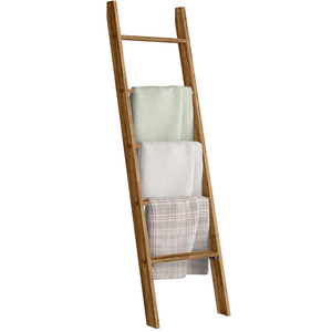 Blanket Ladder for Living Room 5-Tier Blanket Holder with Light, Wall-Leaning Blanket Rack, Ladder Shelves, Wooden Quilt Ladder, Farmhouse Decor for Bedroom Bathroom Home Decor (Wood)