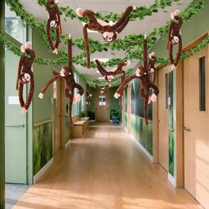 6 Pcs Jungle Theme Party Decorations Hanging Monkey Decor Stuffed Animal with 12 Pcs 7.22ft Artificial Vine Plush Hook and Loop Fastener for Rainforest Safari Birthday Party(Dark Brown,21 Inch)