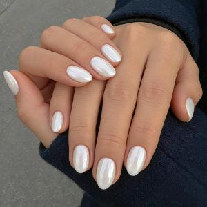 Press on Nails Oval - White Short Press on Nails with Chrome Design, Bright White Short Oval Fake Nails for Women Manicure, Salon Quality | Glossy Finish | 16 Sizes - 32 Pcs