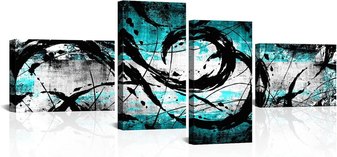 KREATIVE ARTS 4 Panel Turquoise Decor for Living Room Large Size Teal Wall Art Blue Grey Black Wall Decoration Canvas Print Modern Abstract Painting L68xH32inch (Blue)