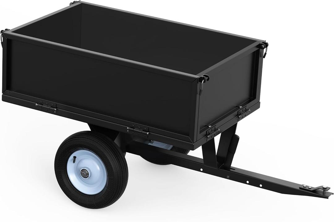 YINTATECH ATV Trailer Steel Dump Cart,Heavy Duty Pull Behind Dump Trailer with Fold-Down Side Panels, Yard Garden Utility Trailer for Lawn Mower Trailer Tractor, Alloy Steel, Black
