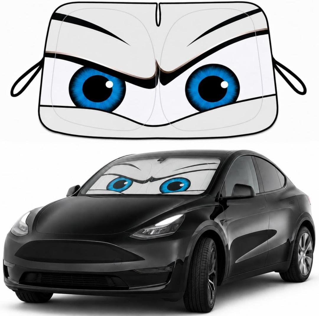 Tesla Model Y/3 Windshield Sun Shade, Cool Gray | Custom Fit 2017-2026 Model Y and Model 3, Foldable Front Window Sunshade, Heat & UV Blocker, Cute Eyes Series