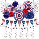 Fourth of July Decorations Red White Blue Decorations Set of Paper Fans, USA Flag Pennant Bunting, Pom Poms, Hanging Swirls, Star Streamer, Head Bopper for Memorial Day Veterans Decor