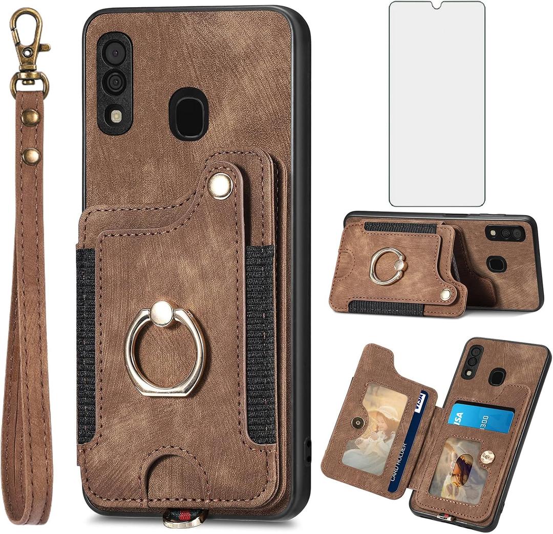 Phone Case for Samsung Galaxy A20 A30 Wallet Cover with Tempered Glass Screen Protector and Wrist Strap Lanyard RFID Credit Card Holder Ring Stand Cell Accessories M10s A 30 20A SM A205G Women Brown