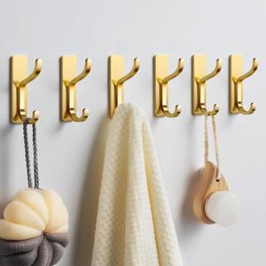 Pickpiff Adhesive Wall Coat Hooks - Heavy Duty Stick-On Door Hanger, Metal Hook for Hanging Towel,Purse, Robe, Backpack, Jacket, Clothes - for Bathroom,Dorm, Closet, Kitchen - Gold, 6 Pack