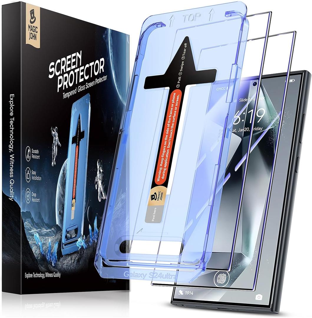 MAGIC JOHN 2 Pack for Samsung Galaxy S24 Ultra Tempered Glass Screen Protector, Auto Dust-Elimination Installation, Bubble Free, HD Clear, Easy Installation
