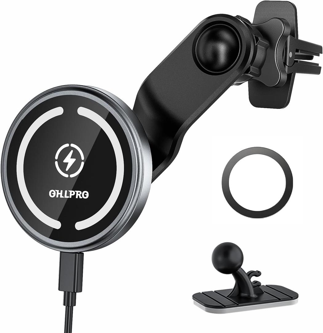 OHLPRO for MagSafe Car Mount Charger iPhone Wireless Car Charger, Stick on Dashboard Magnetic Phone Holder Mount for iPhone 17 Pro Max 16 15 14 Series, 15W Fast Charging, Aluminum Shell (Gray)
