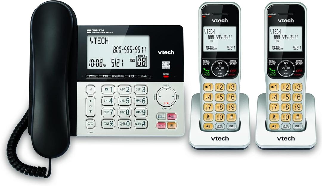 VTech VG208-2 DECT 6.0 2-Handsets Corded/Cordless Phone for Home with Answering Machine, Call Blocking, Caller ID, Large Backlit Display, Duplex Speakerphone, Intercom, Line-Power