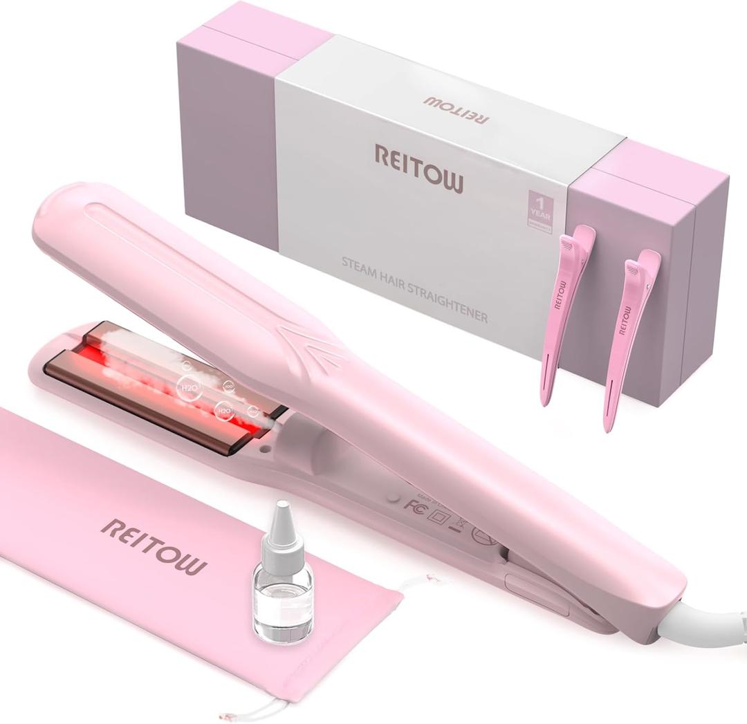 1.5 Inch Wide Steam Hair Straightener for Women, Infrared Flat Iron for All Hair Type, Dual Voltage Ceramic Hair Straightening Iron, Reduce Damage,Static,frizz; Boost Hydration,Shine, Pink