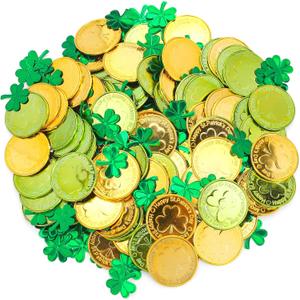 100pcs St Patrick's Day Coins,Shamrock Plastic Coins with Confetti for St Patrick's Day Party Table Home Decoration Supply,Gold and Green