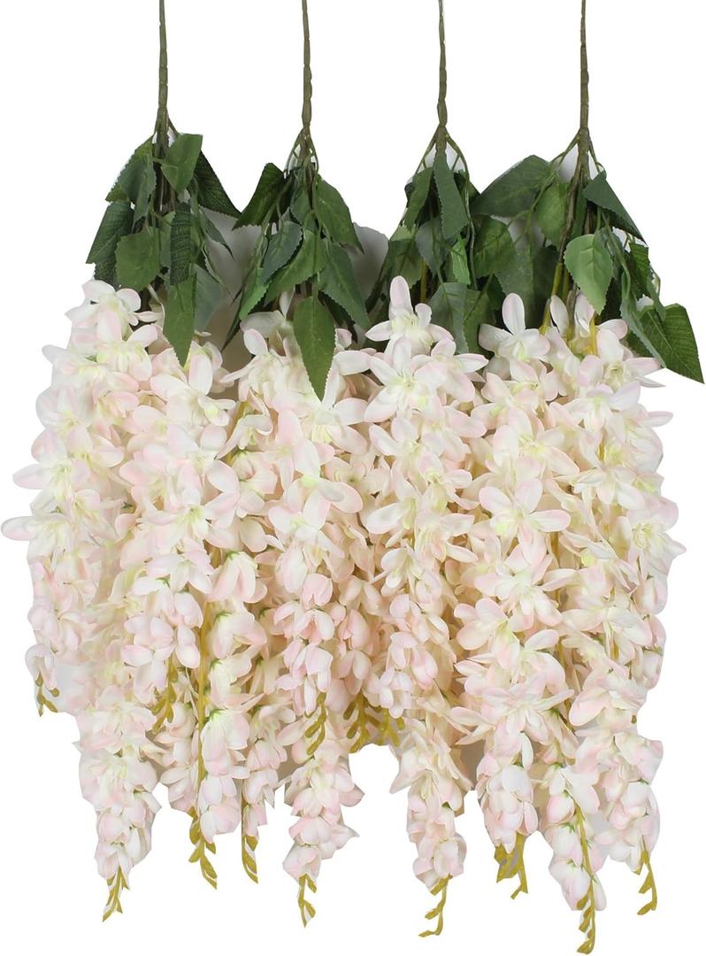 Duovlo Silk Wisteria Flower Artificial 2.13 Feet Hanging Wisteria Vine Fake Flower Bush String Home Party Wedding Decoration,Pack of 4 (Light Pink)