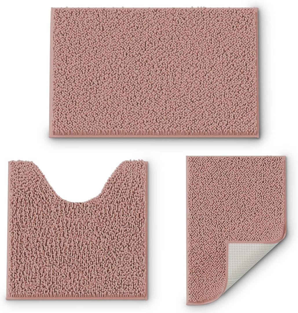 Bathroom Rugs Sets 3 Piece, Extra Soft Absorbent Chenille Bath Rugs, Non Slip Rubber Backing Machine Washable Quick Dry Bath Mats for Bathroom Floor, Tub, Shower, Home Decor Accessories, Misty Rose (16" x 24" & 20" x 32"& 20" x 20" U shape)