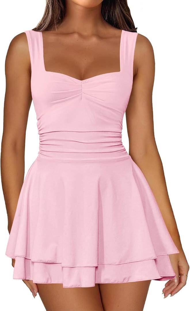 IWD Women's Square Neck Sleeveless Mini Dress Ruched Waist Tiered Ruffle Hem A Line Short Dresses (Medium, Light Pink)