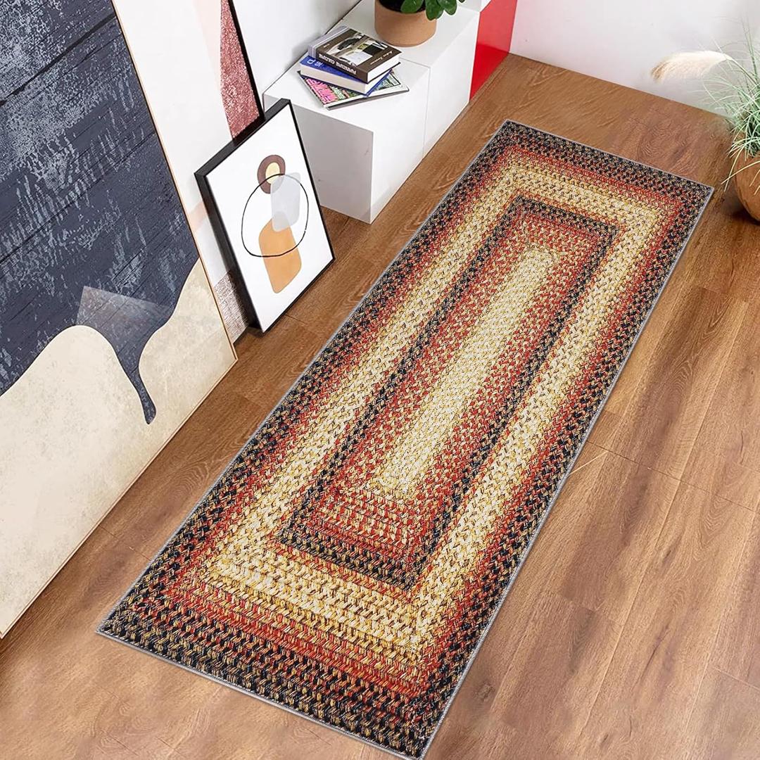 Long Hallway Runner Rug 2x6 Braided Print Runners Rug Boho Rustic Floor Cover Modern Area Rug Geometric Machine Washable Runner for Living Room Bedroom Nursery Kitchen, Red