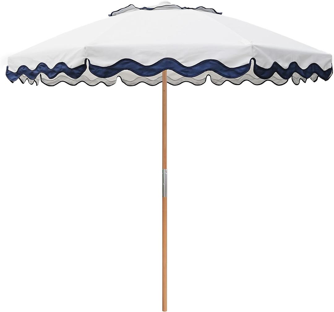 AMMSUN 7.8ft Seashore Umbrella, Outdoor Umbrella, Boho Beach & Patio Umbrella with UV 50+ Air Vent Ash Wood Pole Carry Bag & Water-Resistant Canvas (Rivulet Blue)