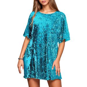 Women's Crew Neck Sequin Dress for Women Sexy V Neck Shirt Dress Sparkly Half Sleeve Loose Party Club Cocktail Dress (Blue, L)