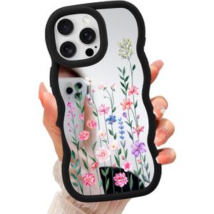 ZIYE Mirror Case for iPhone 16 Pro Max Case,Cute Wave Edge Flower Pattern Design Phone case for Women Girls Soft TPU Back Protective Slim Phone Cover Black