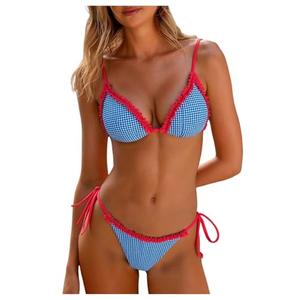 MakeMeChic Women's Summer Gingham 2 Piece Bikini Set Halter String Triangle Swimsuit Beach Vacation Swimwear Blue and Red, Medium