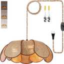 Hanging Lights with Plug in Cord, 3-Light 14.3FT Stepless Brightness Flower Shaped Hanging Lamp with On/Off/Dimmable Switch, Boho Handwoven Chandelier Rattan Pendant Light for Bedroom Nursery (Brown