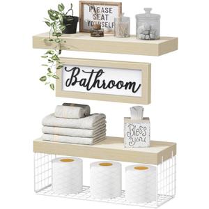 QEEIG Bathroom Shelves Over Toilet - Paper Storage Wall Mounted Farmhouse Decor Decorations Aesthetic Dcor Sign Small Floating Shelf 2+1 Set 16 inch, Natural (020NW)
