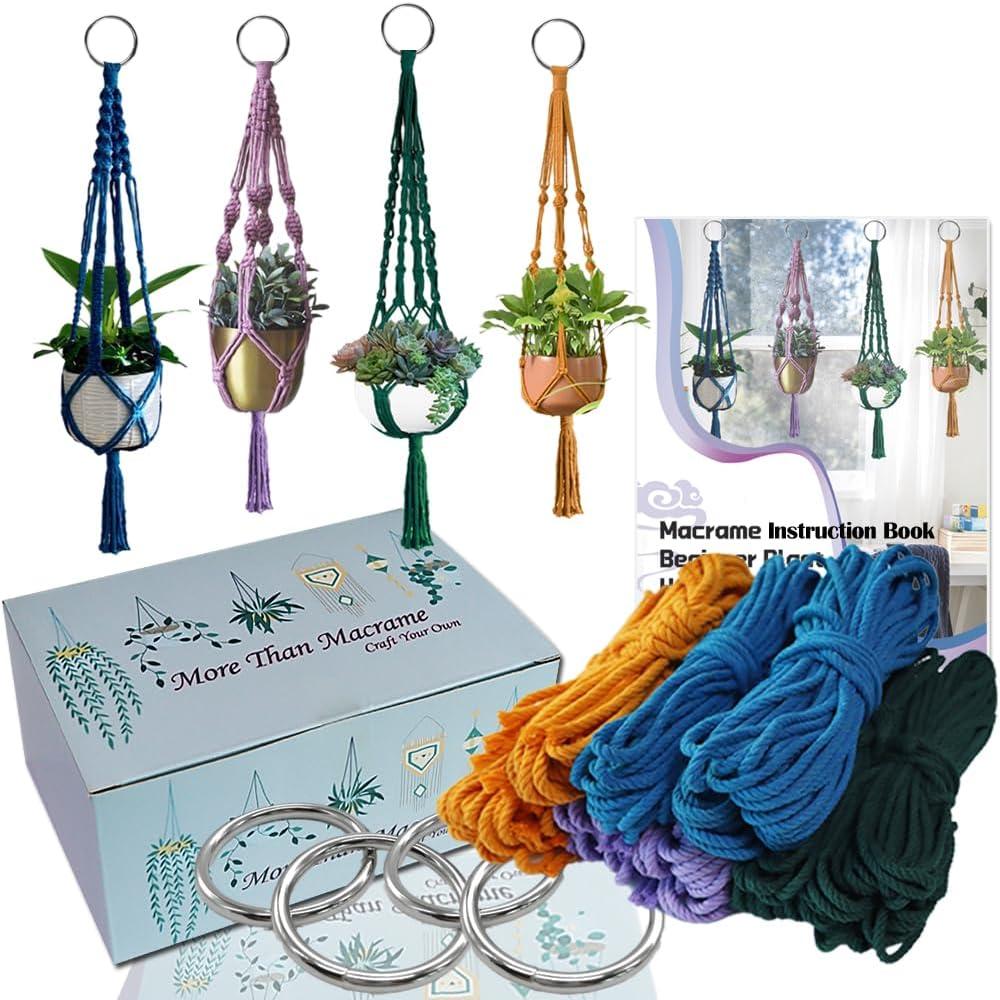 Ewparts Macrame Plant Hanger Kit with Instruction Book Tutorials Metal Rings 4mm Macrame Cord Green/Purple/Orange/Blue Pre-Cutted for Making 4 Macrame Plant Hangers Macrame Kit for Adults Beginners