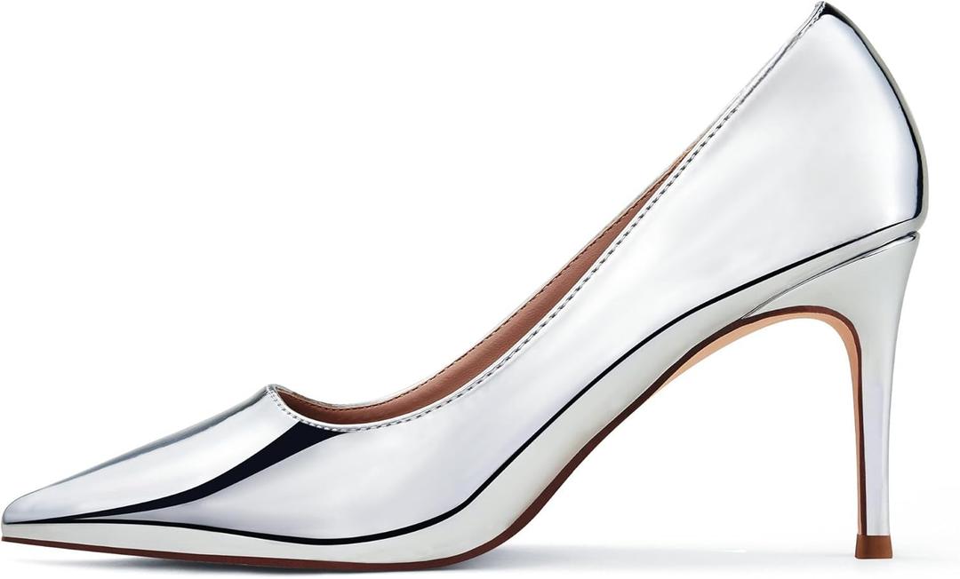 Elisabet Tang 3 in Classic Pointy Pull on Heeled Wedding Pumps - Comfortable Stiletto Closed Toe Dress Heels for Prom Work (10, Silver)