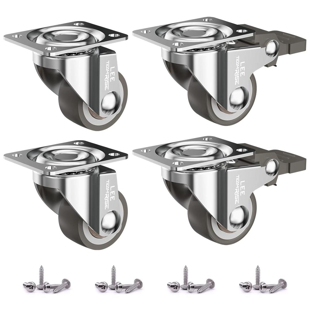 1" Low Profile Casters Wheels for Furniture Small casters Soft Rubber Caster Swivel with Locking Top Plate Castors 110 Lbs Load Capacity Casters Set of 4 Rolling Smooth (2 with Brake and 2 Without)