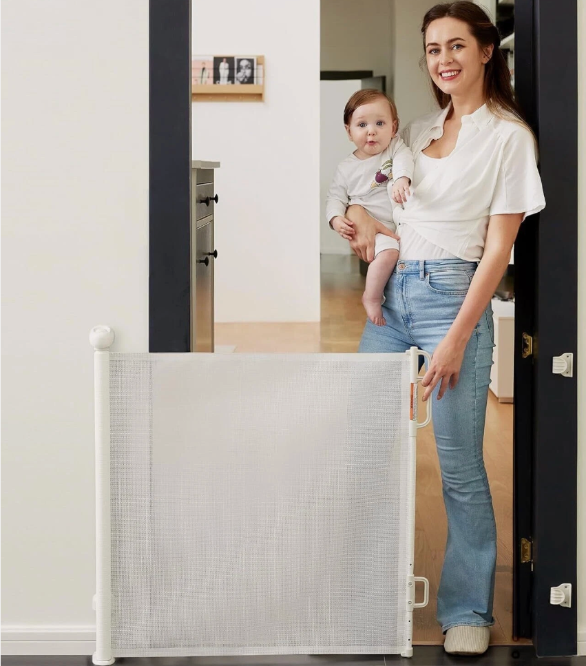 Retractable Baby Gate Indoor Outdoor White White, 72"