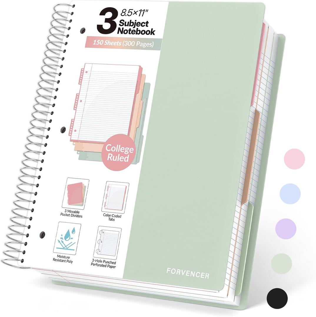 Forvencer 3 Subject Notebook College Ruled, Spiral Notebooks, 8.5" x 11"