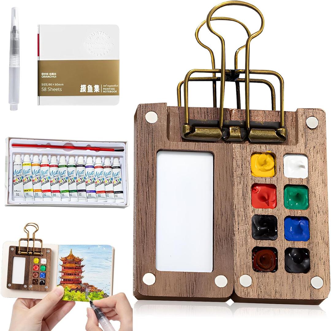 Mini Watercolor Travel Set, Mini Watercolor Paint Set, Pocket Watercolor Sets with Paint, Brush, Sketchbook & Copper Clip, Travel Water color Kit for Beginners, Artists & Painting (8 Grids) (1 Count (Pack of 1))