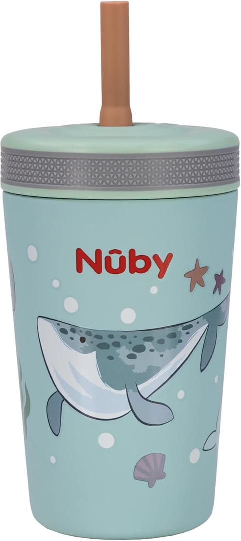 Nuby Thirsty Kids Insulated Toddler Cup with Silicone Flexstraw - 12 oz - Stainless Steel and Leak-Resistant - 18+ Months - Ocean