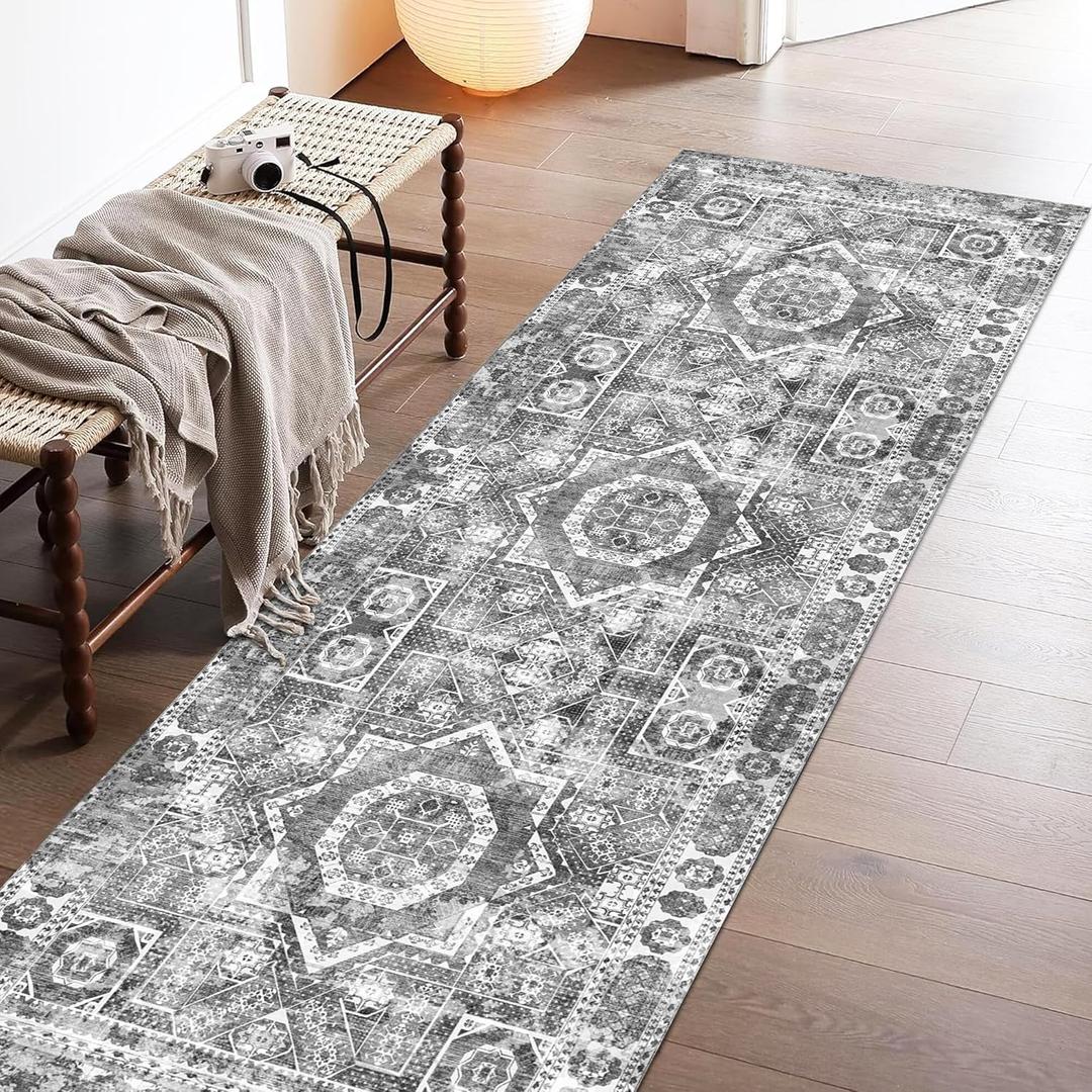 Machine Washable Rug 2'6'' x 8' Vintage Design Area Rugs with Non Slip Rugs for Living Room Bedroom Carpet Stain Resistant, Home Decor Office Boho Rug, Grey