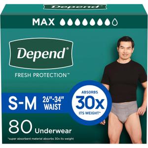 Depend Fresh Protection Adult Diapers, Incontinence Underwear for Men, Disposable, Maximum, Small/Medium, Grey, 80 Count (2 Packs of 40) 
