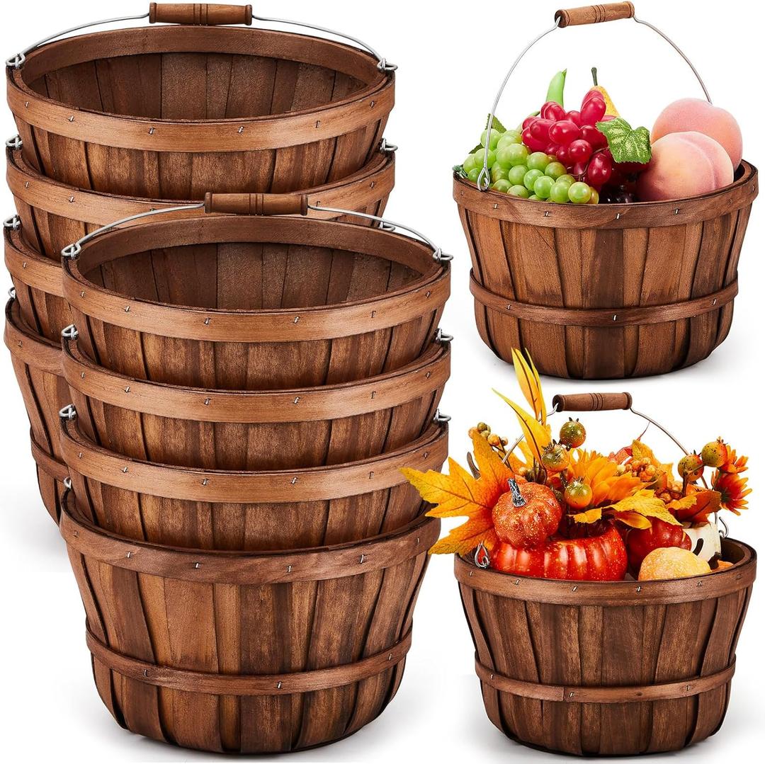 Marsui 8 Pcs Natural Wooden Fruit Baskets 11'' x 6.5'' - Fall Thanksgiving Halloween Decoration, Farmhouse Harvest Storage Bin, Portable Handle Apple Basket for Kitchen Farm Party Home Gift Giving