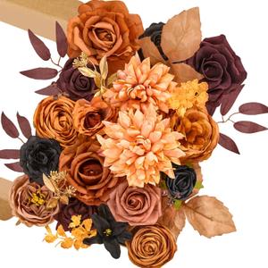 Serwalin Artificial Orange & Black Flowers, Silk Fake Flowers for DIY Wedding Bouquets Cake Flower, Harvest Table Centerpieces Birthday Party Home Halloween Decorations (Grand)