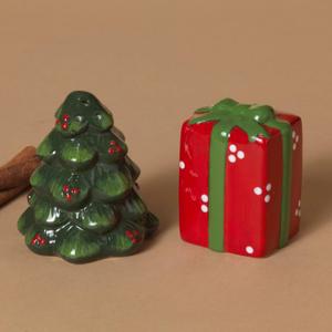 One Holiday Way 4-Inch Red & Green Ceramic Xmas Tree & Gift Box Christmas Salt and Pepper Shakers Set - Retro Vintage Decorative Tableware