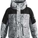 BANTREK Boy's Ski Winter Coat - Lightweight Insulated Waterproof Snow Jacket Hooded Windproof Warm Outerwear for Kids (Ivory Print Black,10-12) (White)