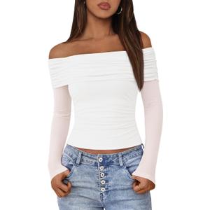 BTFBM Women's Long Sleeve Shirts 2025 Fall Crop Going Out Tops Mesh Ruched Casual Off Shoulder Blouses Y2K Clothes (White, XL)