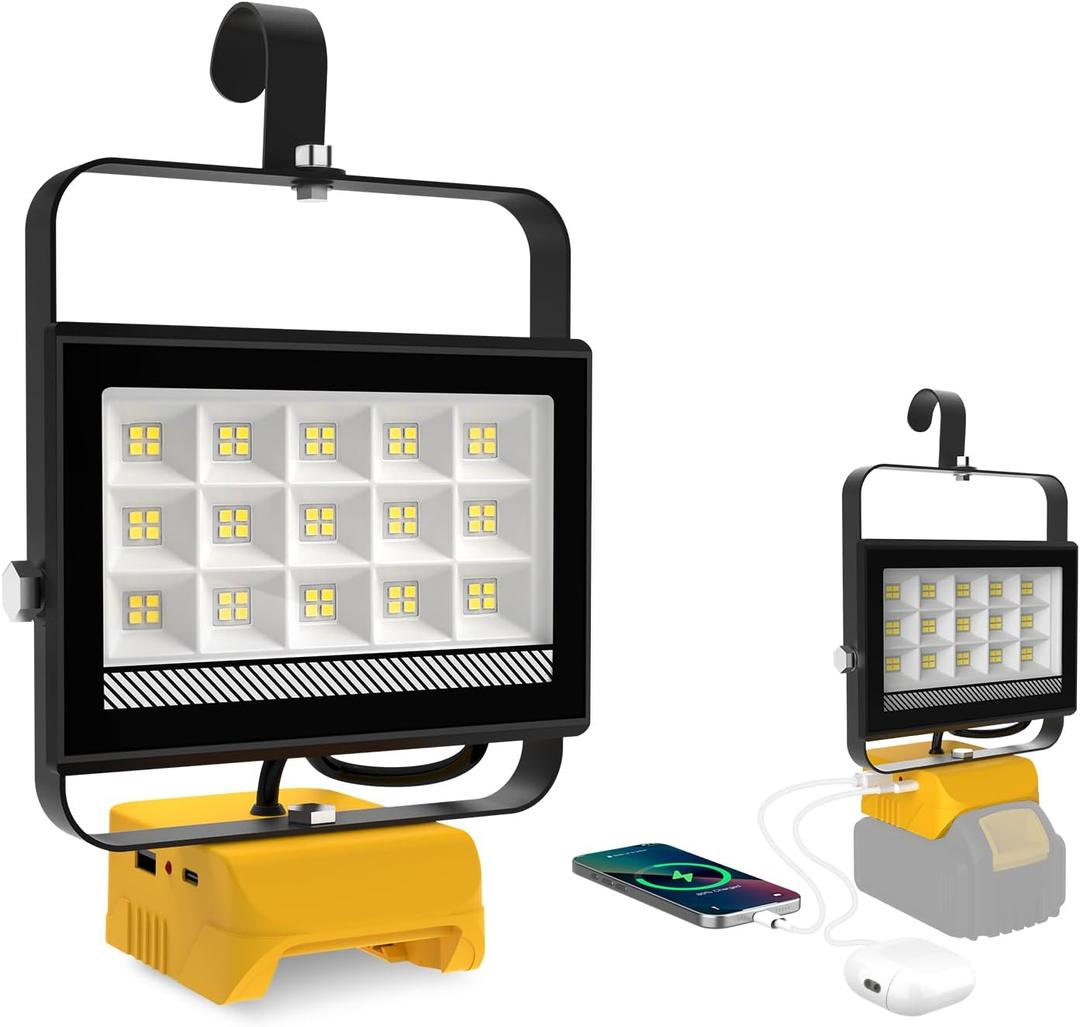 LED Work Light for Dewalt 20v Max Battery, 60W 6000LM Flashlight 20v, Flood Battery Light with USB & Type-C Charging and 140Pivoting Head for Jobsite, Garage, Camping, Emergency