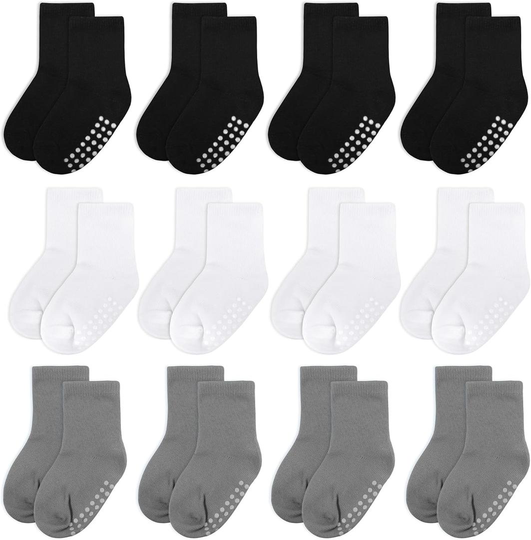 12 Pack Baby Socks and Toddler Socks,Soft Cotton Crew Socks with Non-Slip Grips for Infants,Boys and Girls,2-4T,(Black/White/Gray)